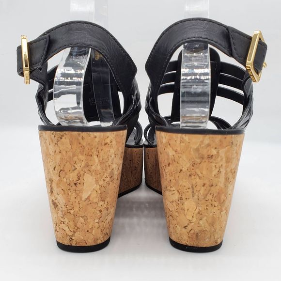 Tory Burch Leslie Black Strappy Cork Wedge Sandals - Picture 5 of 11